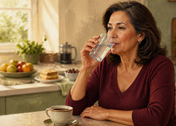 Mujer adulta sentada en una cocina bebiendo un vaso de agua, con una taza de café y alimentos visibles sobre la mesa y la encimera.