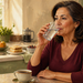 Mujer adulta sentada en una cocina bebiendo un vaso de agua, con una taza de café y alimentos visibles sobre la mesa y la encimera.