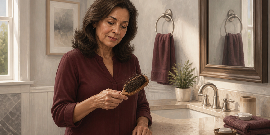 Mujer adulta en un baño observando un cepillo de pelo con varios cabellos atrapados entre las cerdas, junto a un lavabo y un espejo.