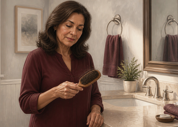 Mujer adulta en un baño observando un cepillo de pelo con varios cabellos atrapados entre las cerdas, junto a un lavabo y un espejo.