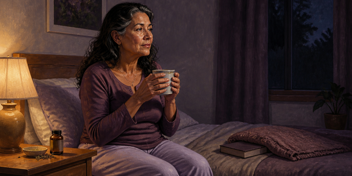 Mujer mayor sentada en la cama por la noche sosteniendo una taza, con un frasco y hierbas secas sobre la mesita de noche.