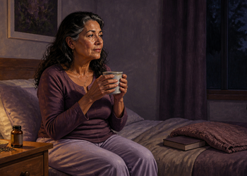 Mujer mayor sentada en la cama por la noche sosteniendo una taza, con un frasco y hierbas secas sobre la mesita de noche.