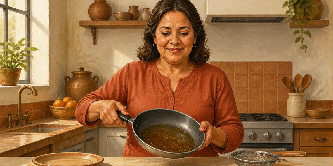 Mujer adulta en una cocina sosteniendo una sartén con aceite usado de color oscuro, junto a un colador metálico sobre la encimera.