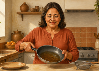 Mujer adulta en una cocina sosteniendo una sartén con aceite usado de color oscuro, junto a un colador metálico sobre la encimera.