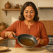 Mujer adulta en una cocina sosteniendo una sartén con aceite usado de color oscuro, junto a un colador metálico sobre la encimera.