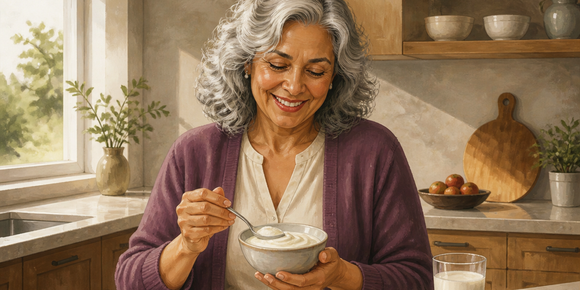 Mujer mayor de cabello gris sonríe mientras sostiene un cuenco de yogur y una cuchara en una cocina luminosa, con un vaso de leche sobre la mesa.