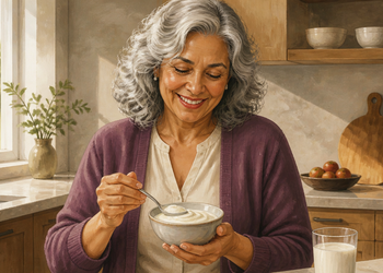 Mujer mayor de cabello gris sonríe mientras sostiene un cuenco de yogur y una cuchara en una cocina luminosa, con un vaso de leche sobre la mesa.