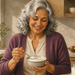 Mujer mayor de cabello gris sonríe mientras sostiene un cuenco de yogur y una cuchara en una cocina luminosa, con un vaso de leche sobre la mesa.