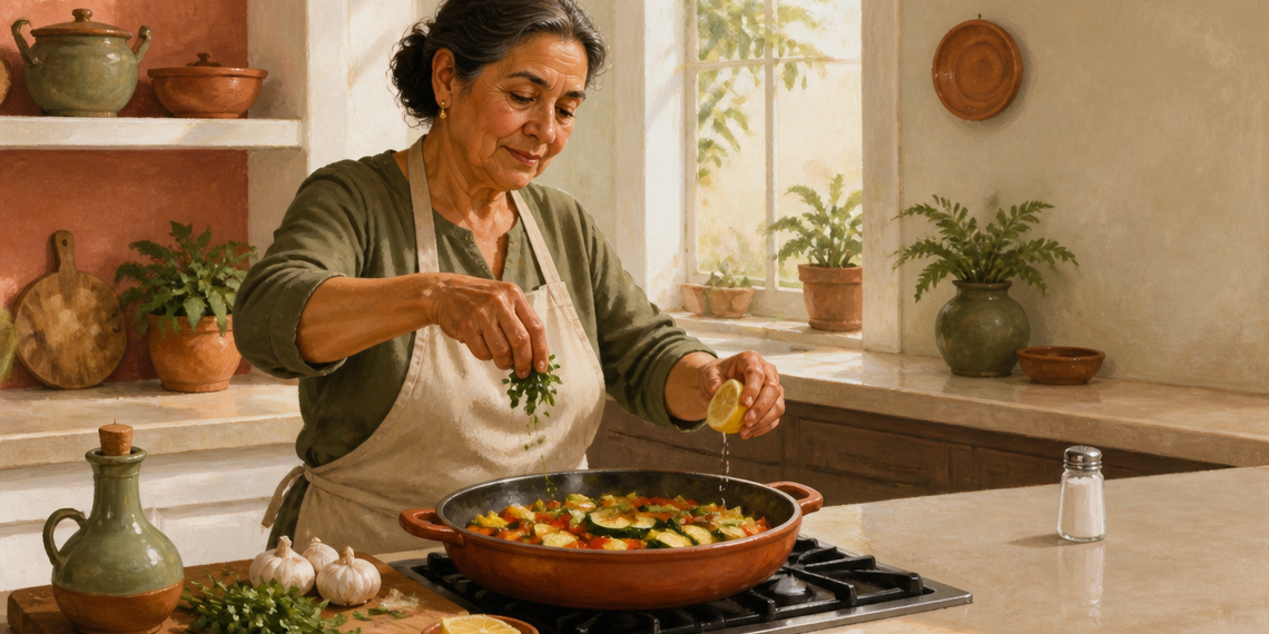 Mujer adulta cocina verduras en una sartén y añade limón y hierbas, con un salero visible a un lado de la encimera.