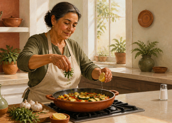 Mujer adulta cocina verduras en una sartén y añade limón y hierbas, con un salero visible a un lado de la encimera.