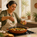 Mujer adulta cocina verduras en una sartén y añade limón y hierbas, con un salero visible a un lado de la encimera.