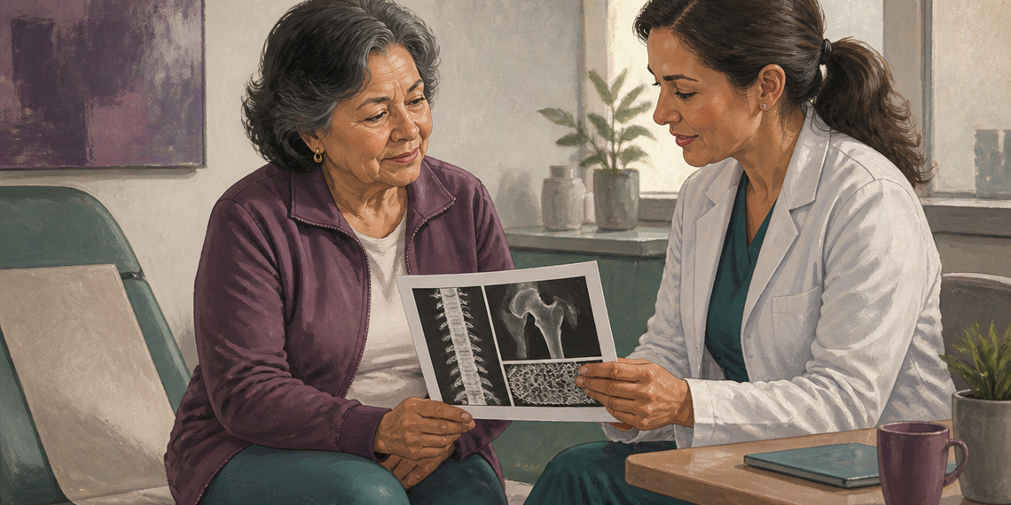 Mujer mayor sentada junto a una médica mientras ambas observan una hoja con imágenes de la columna, la cadera y la estructura del hueso durante una consulta.