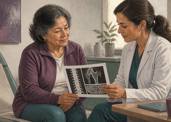 Mujer mayor sentada junto a una médica mientras ambas observan una hoja con imágenes de la columna, la cadera y la estructura del hueso durante una consulta.
