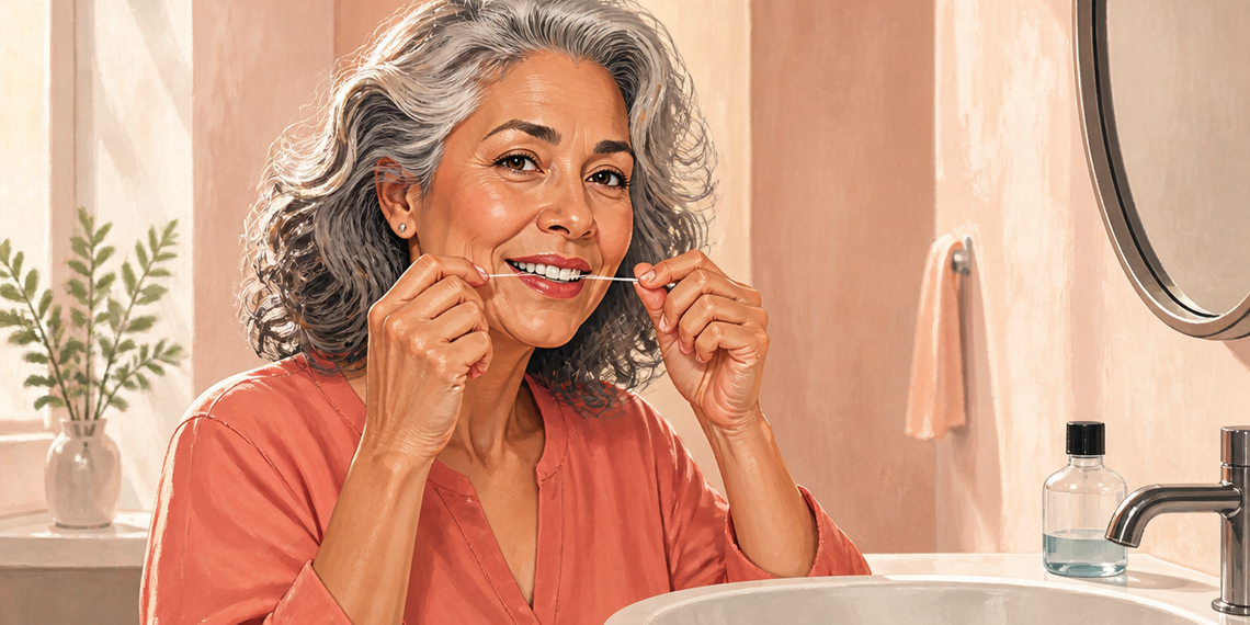 Mujer mayor de cabello gris y rizado sonríe mientras utiliza hilo dental entre los dientes frente al lavabo de su cuarto de baño.
