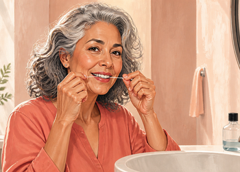 Mujer mayor de cabello gris y rizado sonríe mientras utiliza hilo dental entre los dientes frente al lavabo de su cuarto de baño.