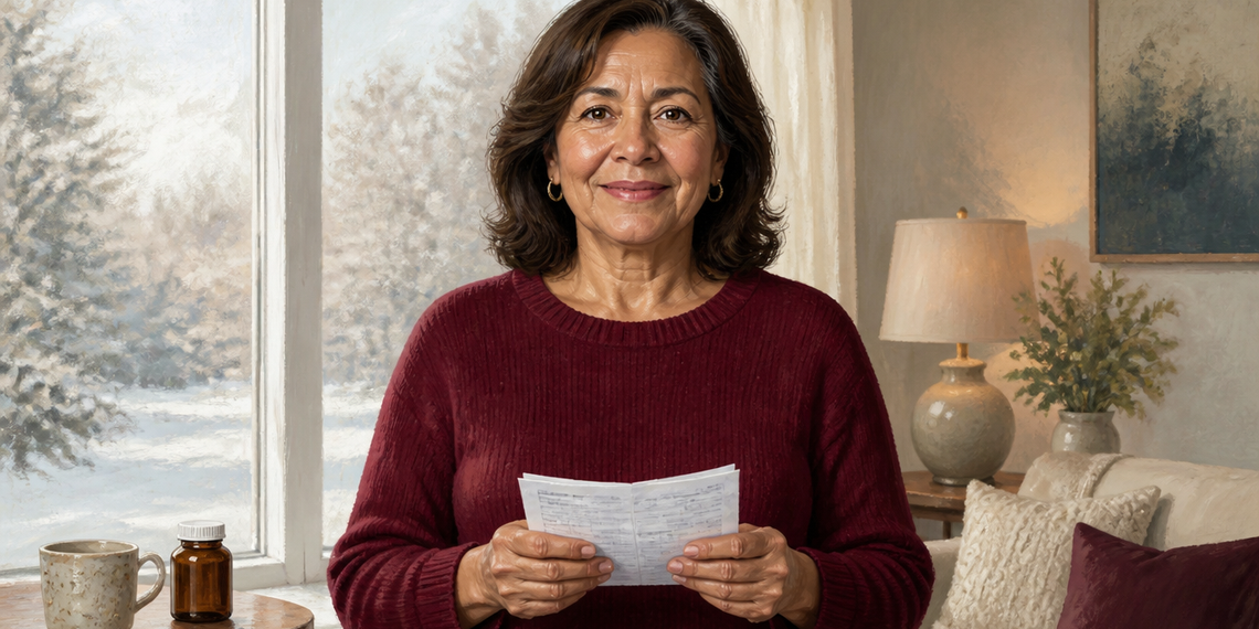 Mujer adulta junto a una ventana con paisaje invernal, sosteniendo una hoja con resultados de una analítica, con un frasco y una taza sobre una mesa cercana.