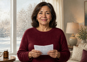 Mujer adulta junto a una ventana con paisaje invernal, sosteniendo una hoja con resultados de una analítica, con un frasco y una taza sobre una mesa cercana.