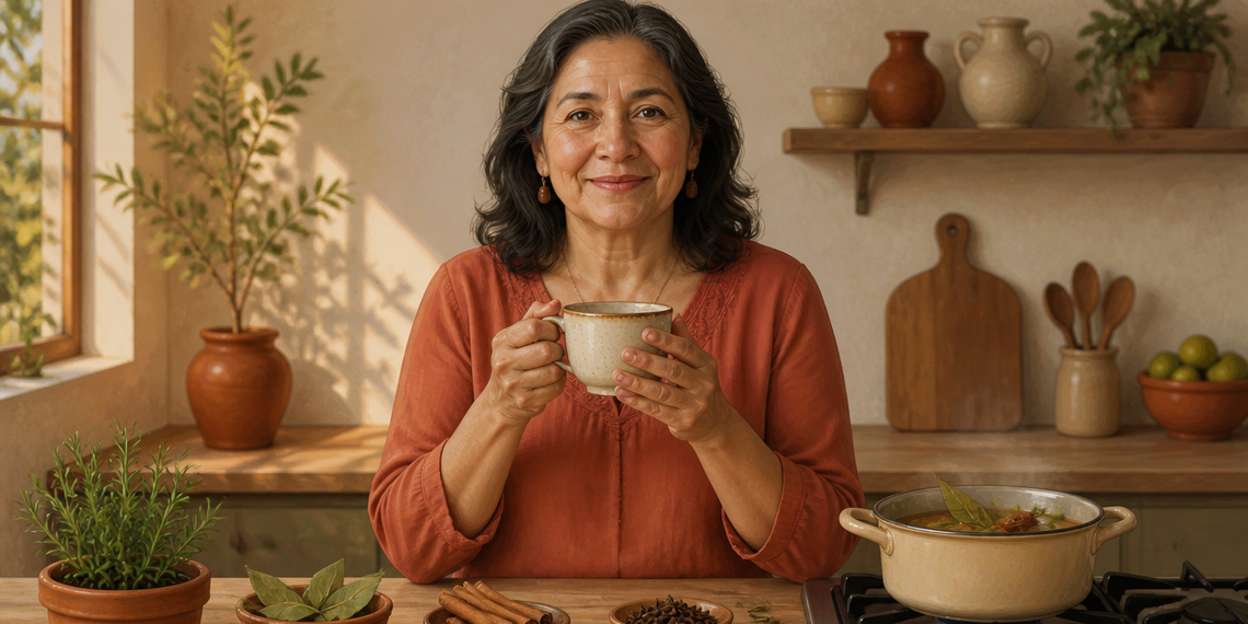 Mujer mayor en una cocina sosteniendo una taza, junto a una olla y recipientes con hojas de laurel, ramas de canela y clavos de olor sobre la mesa.