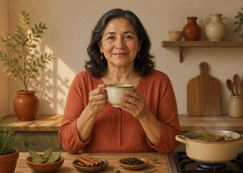 Mujer mayor en una cocina sosteniendo una taza, junto a una olla y recipientes con hojas de laurel, ramas de canela y clavos de olor sobre la mesa.