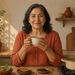 Mujer mayor en una cocina sosteniendo una taza, junto a una olla y recipientes con hojas de laurel, ramas de canela y clavos de olor sobre la mesa.