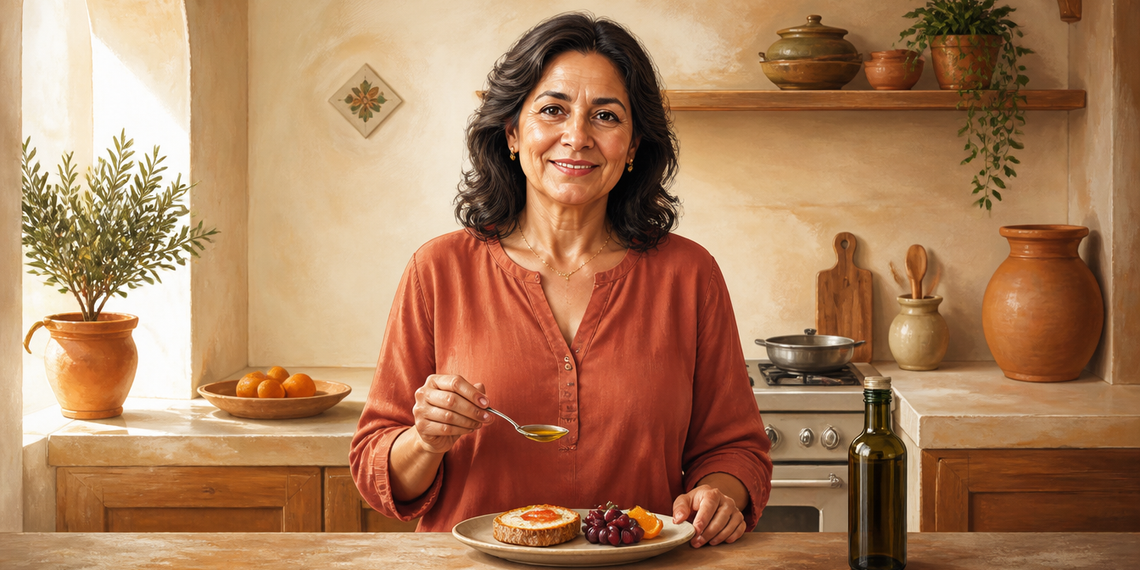 Mujer adulta en una cocina sosteniendo una cucharita con aceite de oliva, junto a un plato con pan, fruta y una botella de aceite sobre la mesa.