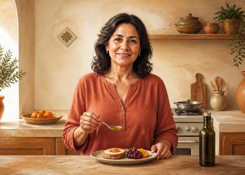 Mujer adulta en una cocina sosteniendo una cucharita con aceite de oliva, junto a un plato con pan, fruta y una botella de aceite sobre la mesa.