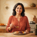 Mujer adulta en una cocina sosteniendo una cucharita con aceite de oliva, junto a un plato con pan, fruta y una botella de aceite sobre la mesa.