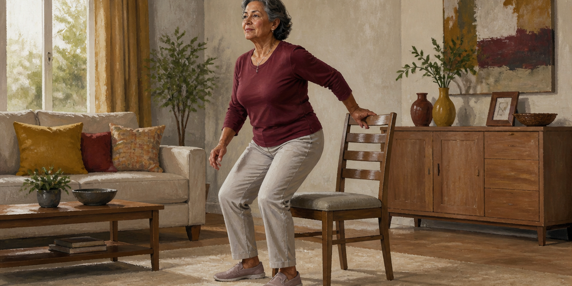 Mujer mayor realizando una sentadilla asistida junto a una silla en el salón de casa, con una mano apoyada en el respaldo para mantener el equilibrio.