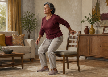 Mujer mayor realizando una sentadilla asistida junto a una silla en el salón de casa, con una mano apoyada en el respaldo para mantener el equilibrio.