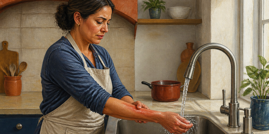 Mujer mantiene el antebrazo enrojecido bajo el agua corriente del grifo en la cocina tras una quemadura leve.