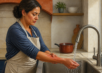 Mujer mantiene el antebrazo enrojecido bajo el agua corriente del grifo en la cocina tras una quemadura leve.