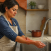 Mujer mantiene el antebrazo enrojecido bajo el agua corriente del grifo en la cocina tras una quemadura leve.