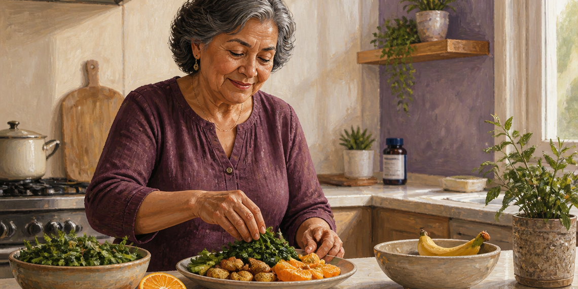 Mujer adulta mayor prepara un plato con verduras de hoja verde, naranja y otros alimentos, con un plátano visible en un recipiente sobre la encimera.