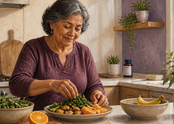 Mujer adulta mayor prepara un plato con verduras de hoja verde, naranja y otros alimentos, con un plátano visible en un recipiente sobre la encimera.
