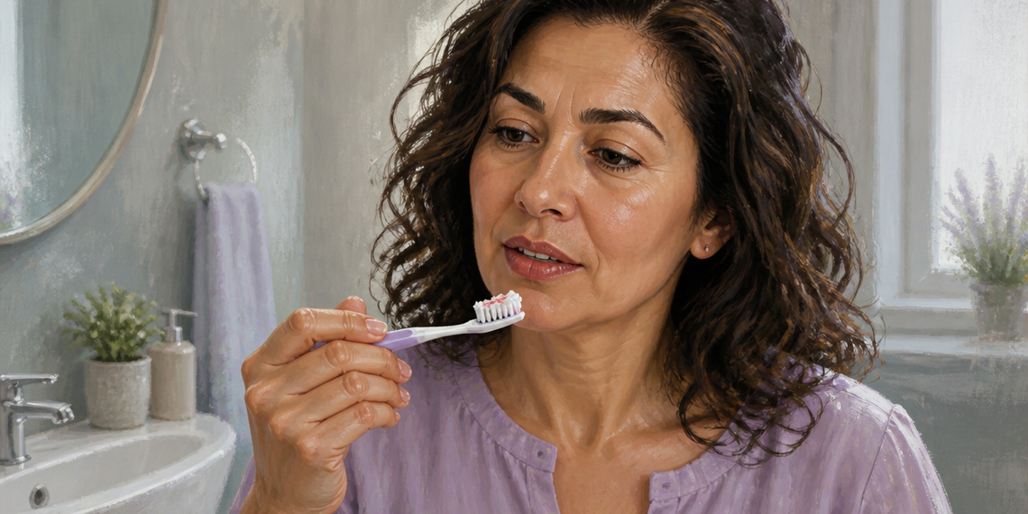 Mujer de cabello oscuro y rizado sostiene un cepillo de dientes con pasta dentífrica y pequeñas manchas rojizas mientras se prepara para cepillarse frente al lavabo.