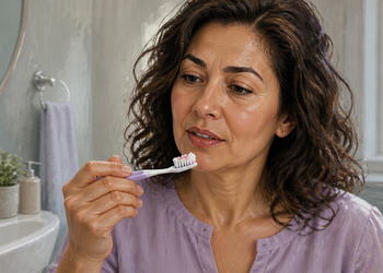 Mujer de cabello oscuro y rizado sostiene un cepillo de dientes con pasta dentífrica y pequeñas manchas rojizas mientras se prepara para cepillarse frente al lavabo.