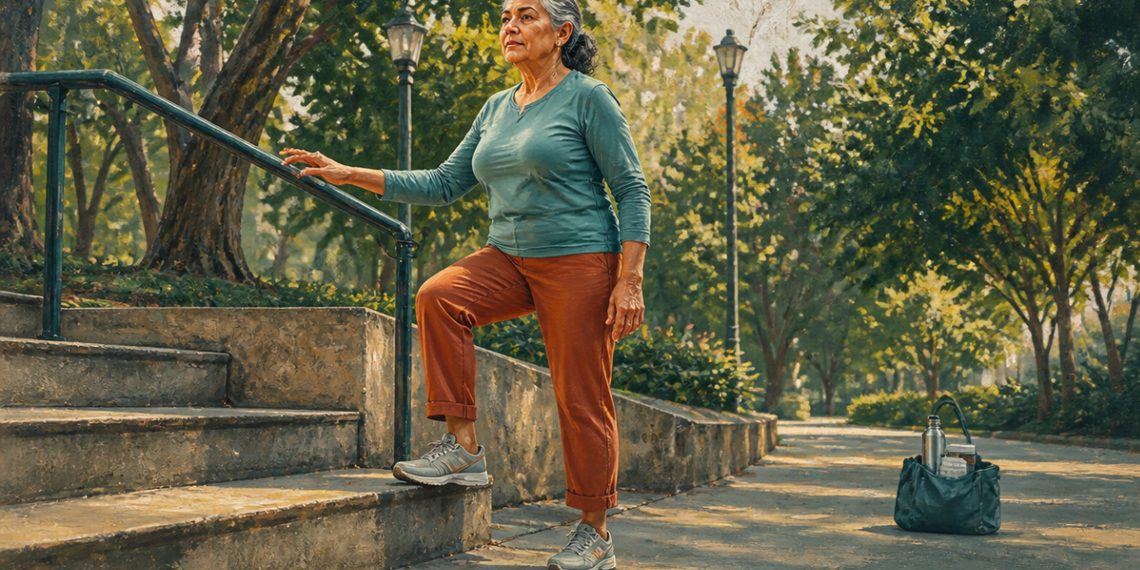 Mujer adulta mayor realiza un ejercicio subiendo un escalón en un parque, con una mano apoyada en la barandilla.