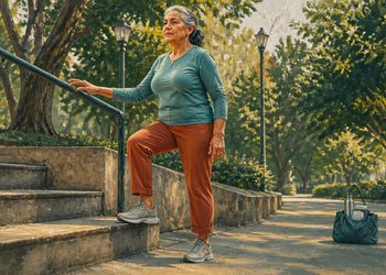 Mujer adulta mayor realiza un ejercicio subiendo un escalón en un parque, con una mano apoyada en la barandilla.