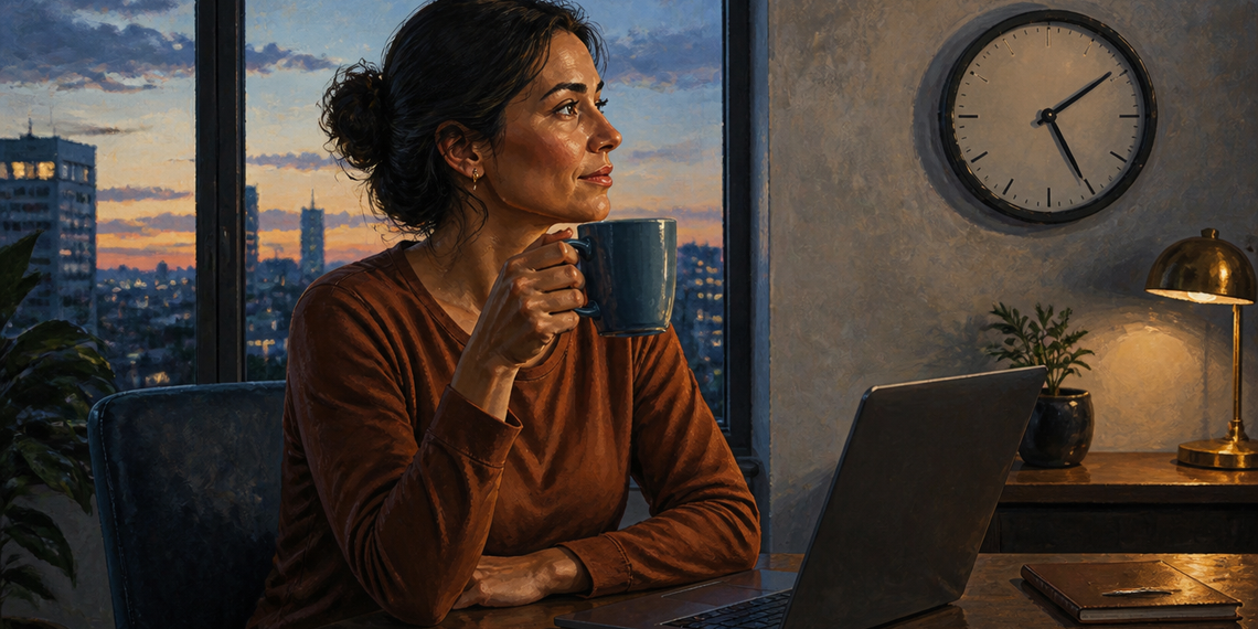 Mujer sentada frente a un ordenador portátil al atardecer mientras sostiene una taza, con un reloj de pared visible a su lado.