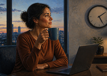 Mujer sentada frente a un ordenador portátil al atardecer mientras sostiene una taza, con un reloj de pared visible a su lado.
