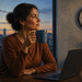 Mujer sentada frente a un ordenador portátil al atardecer mientras sostiene una taza, con un reloj de pared visible a su lado.