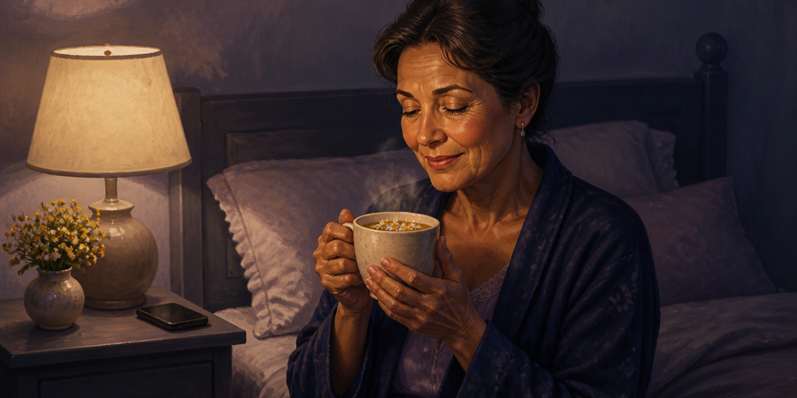 Mujer adulta sentada en la cama por la noche mientras sostiene una taza humeante con ambas manos junto a una lámpara encendida.