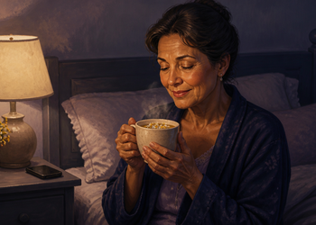 Mujer adulta sentada en la cama por la noche mientras sostiene una taza humeante con ambas manos junto a una lámpara encendida.