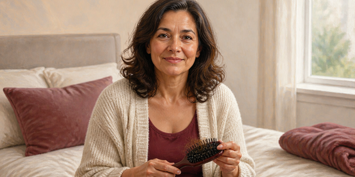 Mujer adulta sentada en la cama sosteniendo un cepillo con varios cabellos atrapados, en un dormitorio luminoso.
