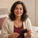 Mujer adulta sentada en la cama sosteniendo un cepillo con varios cabellos atrapados, en un dormitorio luminoso.