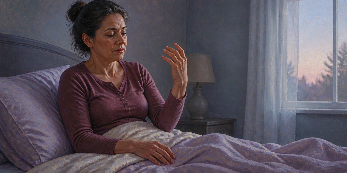 Mujer adulta sentada en la cama al despertar observa una de sus manos levantada, en una escena relacionada con el hormigueo en las manos durante la mañana.