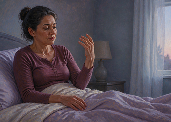 Mujer adulta sentada en la cama al despertar observa una de sus manos levantada, en una escena relacionada con el hormigueo en las manos durante la mañana.