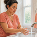 Mujer adulta se lava las manos con agua y jabón en un lavabo, frotando ambas manos bajo el grifo.