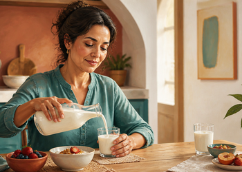 Mujer sirviendo una bebida láctea blanca en un vaso durante el desayuno, con cuencos de fruta y cereales sobre una mesa de cocina.