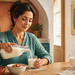 Mujer sirviendo una bebida láctea blanca en un vaso durante el desayuno, con cuencos de fruta y cereales sobre una mesa de cocina.